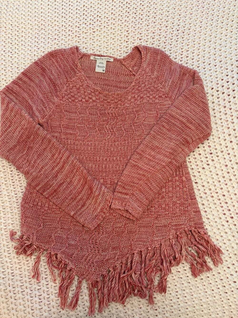 American Rag Sweater Size M Pink Fringe Marled Boho Pullover